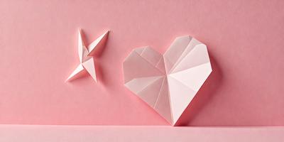 The primary subject of the image is a heart-shaped paper cutout, which is placed on a pink background. The setting appears to be a creative or artistic environment, as the heart is made from paper and is displayed in a visually appealing manner. The visual style of the image is a combination of digital art and illustration, as the heart is crafted from paper and is placed on a pink surface. The colors and mood of the image are predominantly pink, which gives it a warm and