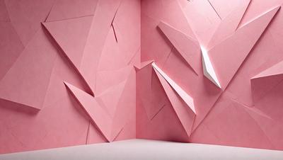 The primary subject of the image is a wall with a pink background. The wall is covered with a series of triangular shapes, which are likely made of paper. The visual style of the image is a combination of photo and digital art, as the triangular shapes appear to be a part of a larger pattern. The colors and mood of the image are predominantly pink, creating a warm and inviting atmosphere.