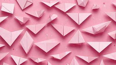 The primary subject of the image is a large number of paper airplanes, which are pink in color. The setting is a pink background, and the visual style appears to be a combination of a photo and digital art. The paper airplanes are arranged in a pattern, creating a visually appealing and playful scene. The dominant colors are pink, and the overall atmosphere is cheerful and creative.