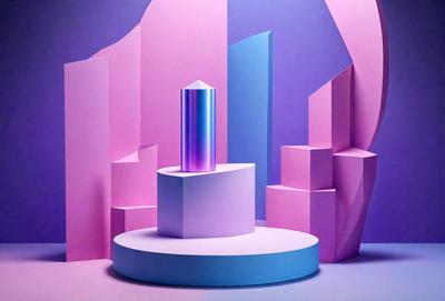 The primary subject of the image is a tall, purple and blue crystal-like structure, which appears to be a sculpture or a piece of art. The setting is a pink and blue room, with the sculpture placed on a white pedestal. The visual style of the image is a combination of digital art and illustration, creating a unique and eye-catching scene. The dominant colors in the image are pink, blue, and white, giving the scene a vibrant and lively atmosphere.