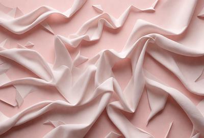 The primary subject of the image is a large, pink sheet of fabric with a wrinkled texture. The setting is a pink background, which creates a contrast with the fabric. The visual style is a close-up of the fabric, showcasing its texture and details. The colors and mood of the image are predominantly pink, giving it a soft and delicate appearance.