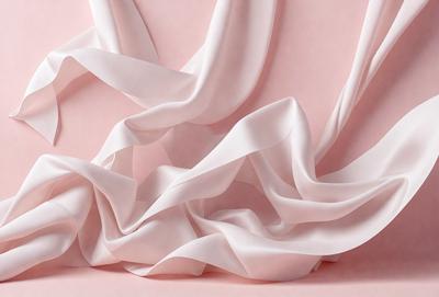 The primary subject of the image is a white sheet of fabric, which is the main object, scene, or focus of the image. The setting is a pink background, which adds a contrasting color to the scene. The visual style of the image is a close-up of the fabric, showcasing its texture and details. The colors and mood of the image are predominantly white and pink, creating a soft and delicate atmosphere.