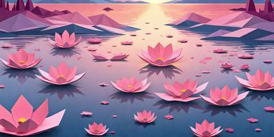 The primary subject of the image is a group of pink flowers floating on the water. The setting is a serene lake with a beautiful sunset in the background. The visual style is a combination of digital art and illustration, creating a vibrant and lively atmosphere. The dominant colors are pink and blue, with the pink flowers being the main focus of the scene.