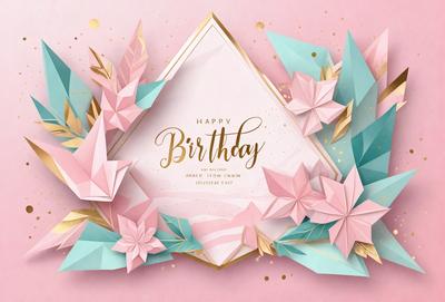 The primary subject of the image is a birthday card with a pink background. The card features a gold border and a decorative design. The setting is a pink background, and the visual style is a digital art or illustration. The colors and mood of the image are predominantly pink, creating a warm and celebratory atmosphere.