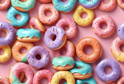 The primary subject of the image is a collection of colorful donuts. The donuts are arranged in various positions, creating a visually appealing and vibrant scene. The setting is a pink background, which adds a touch of warmth and contrast to the image. The visual style is a combination of photo and digital art, as the donuts are depicted in a realistic manner while also showcasing a creative and artistic touch. The colors and mood of the image are predominantly cheerful and l