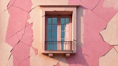 The primary subject of the image is a window with a balcony, located on a pink wall. The setting is a building with a pink exterior, and the visual style appears to be a photo. The colors and mood of the image are predominantly pink, creating a warm and inviting atmosphere.