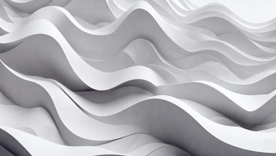 The primary subject of the image is a large, white, curved wall with a wave-like pattern. The setting is a room with a gray background, and the visual style appears to be a combination of digital art and illustration. The dominant colors are white and gray, creating a clean and modern atmosphere.
