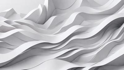 The primary subject of the image is a large, white, curved wall with a wave-like pattern. The setting is a white room, and the visual style appears to be a combination of digital art and illustration. The dominant colors are white and gray, creating a clean and minimalist atmosphere.
