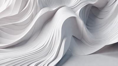 The primary subject of the image is a large, white, and curved sculpture made of paper. The sculpture is displayed on a white surface, which serves as the background. The visual style of the image is a combination of digital art and illustration, as the paper sculpture appears to be digitally created and manipulated. The colors and mood of the image are predominantly white, giving it a clean and minimalist appearance.