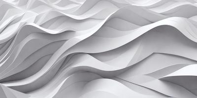 The primary subject of the image is a large, white, curved wall with a wave-like pattern. The setting is a white room, and the visual style appears to be a combination of digital art and illustration. The dominant colors are white and gray, creating a clean and minimalist atmosphere.