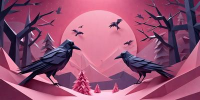 The primary subject of the image is a group of three black birds standing on a pink surface. The setting is a snowy mountain with a pink sky in the background. The visual style is a combination of digital art and illustration, creating a unique and eye-catching scene. The colors and mood of the image are predominantly pink, giving it a warm and inviting atmosphere.