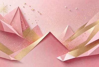 The primary subject of the image is a pink mountain with gold stars on it. The setting is a pink background, and the visual style is a combination of digital art and illustration. The dominant colors are pink and gold, creating a warm and inviting atmosphere.