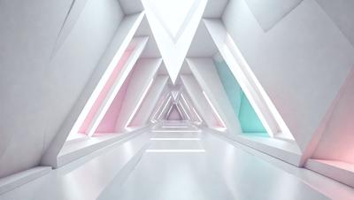 The primary subject of the image is a long, narrow hallway with a white color scheme. The setting is a white room with a white floor, and the visual style is a digital art or illustration. The colors and mood of the image are predominantly white, creating a clean and minimalist atmosphere.