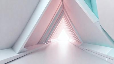 The primary subject of the image is a long, narrow hallway with a white surface. The setting is a white room with a white floor, and the visual style is a digital art or illustration. The colors and mood of the image are predominantly white, giving it a clean and minimalist appearance.