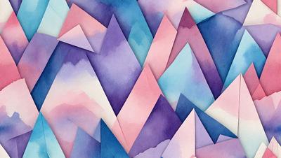 The primary subject of the image is a colorful, abstract mountain scene. The setting is a purple and blue mountain range, with a pink and blue sky in the background. The visual style is a combination of digital art and illustration, creating a vibrant and dynamic scene. The dominant colors in the image are purple, blue, pink, and blue, giving the scene a lively and energetic atmosphere.