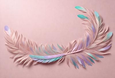 The primary subject of the image is a large, colorful feather. The feather is displayed on a pink background, which adds a contrasting and vibrant touch to the scene. The visual style of the image is a combination of photo and digital art, creating a unique and eye-catching representation of the feather. The colors and mood of the image are predominantly pink and purple, giving it a warm and inviting atmosphere.