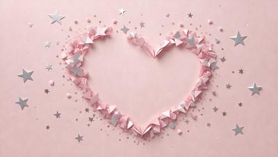 The primary subject of the image is a heart-shaped paper cutout, which is placed on a pink background. The heart is made up of various triangular shapes, creating a unique and artistic design. The visual style of the image is a combination of digital art and illustration, as the heart is crafted from paper cutouts. The colors and mood of the image are predominantly pink, which gives it a warm and romantic atmosphere.