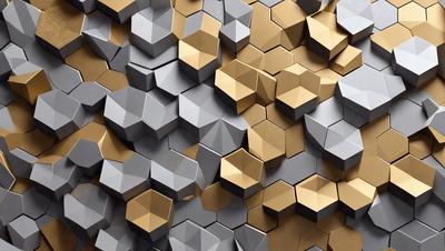 The primary subject of the image is a pattern of hexagonal shapes, which are arranged in a honeycomb-like structure. The setting is a gray and gold background, which adds a sense of depth and contrast to the pattern. The visual style of the image is a combination of photo and digital art, creating a unique and intricate design. The dominant colors in the image are gold and gray, which contribute to the overall mood of the scene.