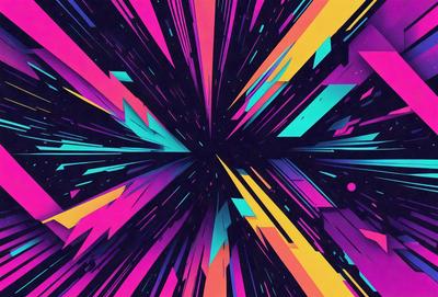 The primary subject of the image is a colorful, abstract design featuring a mix of pink, blue, yellow, and green colors. The setting is a space-like environment, with a backdrop of a brightly colored, geometric pattern. The visual style is a combination of digital art and illustration, creating a vibrant and dynamic scene. The overall atmosphere is energetic and lively, with the colors and patterns evoking a sense of movement and excitement.