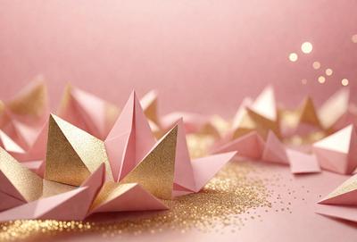 The primary subject of the image is a collection of gold and pink paper cranes. The setting is a pink background, which adds a warm and inviting atmosphere to the scene. The visual style is a combination of digital art and illustration, creating a unique and eye-catching design. The colors and mood of the image are predominantly warm and cheerful, with the gold and pink paper cranes serving as the focal point.