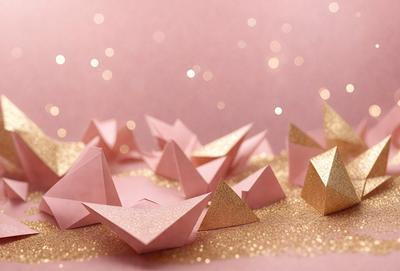 The primary subject of the image is a collection of paper boats, which are floating on a pink surface. The setting appears to be a creative and artistic environment, possibly a workspace or a display. The visual style of the image is a combination of photo and digital art, creating a unique and eye-catching presentation. The colors and mood of the scene are predominantly pink, which adds a sense of warmth and creativity to the overall atmosphere.