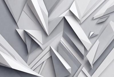 The primary subject of the image is a large, intricate, and abstract design made of triangles. The design is composed of various shapes and sizes of triangles, creating a visually striking pattern. The setting is a white wall, which serves as a clean and uncluttered backdrop for the design. The visual style of the image is a combination of digital art and illustration, as the triangles are carefully crafted and arranged to create a cohesive and eye-catching pattern. The colors and mood of the