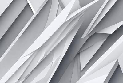 The image features a large, intricate pattern of white and gray geometric shapes. The pattern is composed of multiple layers, creating a visually striking and complex design. The overall atmosphere of the image is one of sophistication and elegance, as the geometric shapes are skillfully arranged to form a cohesive and harmonious pattern.