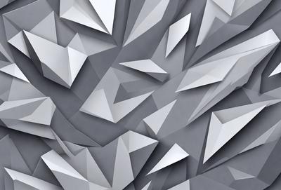 The primary subject of the image is a pattern of triangles, which are arranged in a complex and intricate manner. The setting is a gray background, which provides a neutral and clean appearance. The visual style is a combination of digital art and illustration, as the triangles are created using a computer-generated design. The colors and mood of the image are predominantly gray and white, giving it a modern and minimalist feel.