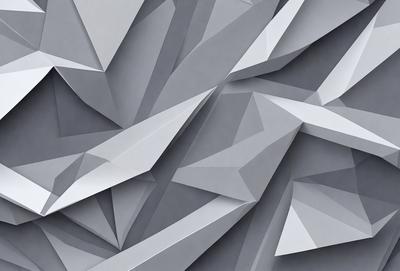 The primary subject of the image is a large, intricate, and geometric design made up of various shapes and angles. The design is displayed on a gray background, which adds to the overall visual style. The colors and mood of the image are predominantly gray and neutral, creating a sense of depth and complexity in the design.