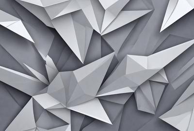 The primary subject of the image is a large, intricate, and detailed design made up of many small triangles. The design is composed of various shapes and sizes of triangles, creating a visually striking pattern. The setting is a gray background, which provides a neutral and clean environment for the design. The visual style of the image is a combination of digital art and illustration, showcasing the artist's skill in creating a complex and detailed pattern. The colors and mood of the image are predominantly gray, giving it