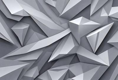 The primary subject of the image is a close-up of a geometric pattern made up of triangles. The pattern is composed of various shapes and sizes of triangles, creating a visually interesting and complex design. The setting is a gray background, which contrasts with the triangles and adds depth to the image. The visual style is a combination of digital art and illustration, as the triangles are intricately arranged and the overall composition is well-executed. The colors and mood of the image are predominantly gray,