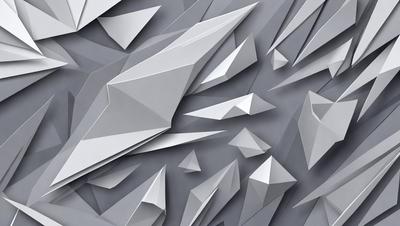 The primary subject of the image is a large, three-dimensional structure made of paper. The structure is composed of multiple triangular shapes, creating a visually striking and intricate design. The setting is a gray background, which contrasts with the white paper and adds depth to the image. The visual style is a combination of digital art and illustration, as the paper structure is created using digital tools. The colors and mood of the image are predominantly white and gray, giving it a clean and modern appearance.