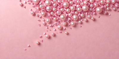 The primary subject of the image is a pink background with a large number of pink and white pearls scattered across it. The setting appears to be a pink surface, possibly a wall or a table. The visual style of the image is a combination of a photo and digital art, as the pearls are arranged in a pattern that gives the impression of a digital design. The colors and mood of the image are predominantly pink and white, creating a warm and elegant atmosphere.