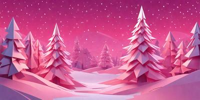 The primary subject of the image is a snowy landscape with pink trees. The setting is a wintery environment with snow covering the ground. The visual style is a digital art or illustration, creating a whimsical and surreal atmosphere. The dominant colors are pink and white, giving the scene a unique and dreamy appearance.