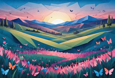 The primary subject of the image is a beautifully illustrated field of flowers, with a sunset in the background. The setting is a lush green hillside, and the visual style is a combination of digital art and illustration. The colors and mood of the image are warm and inviting, with the vibrant colors of the flowers and the soft hues of the sunset creating a serene and picturesque scene.