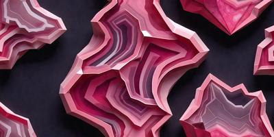 The primary subject of the image is a three-dimensional, pink and purple paper sculpture. The sculpture is made up of multiple layers and appears to be a unique and intricate design. The setting is a dark background, which contrasts with the vibrant colors of the sculpture. The visual style of the image is a combination of digital art and illustration, showcasing the artist's creativity and skill in crafting the paper sculpture. The colors and mood of the image are predominantly p