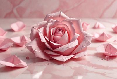 The primary subject of the image is a pink paper rose. The setting is a table with a pink background. The visual style is a combination of photo and digital art, creating a realistic yet artistic representation of the rose. The colors and mood are predominantly pink, giving the image a warm and romantic atmosphere.