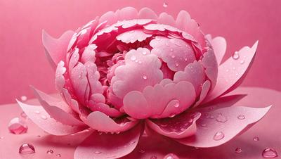 The primary subject of the image is a pink flower with a water droplet on it. The flower is the main focus of the image, and it is set against a pink background. The visual style of the image is a close-up of the flower, which gives it a realistic and detailed appearance. The dominant colors in the image are pink and white, creating a soft and delicate atmosphere.