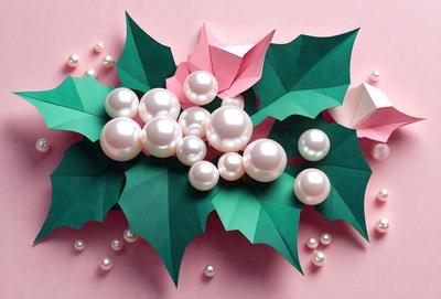 The primary subject of the image is a paper flower made of green and pink paper, with a cluster of pearls in the center. The flower is placed on a pink surface, which serves as the background. The visual style of the image is a combination of digital art and illustration, as it is a creative and artistic representation of a paper flower. The colors and mood of the image are predominantly pink and green, giving it a warm and inviting atmosphere.