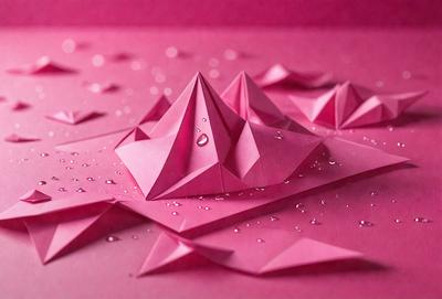 The primary subject of the image is a pink paper mountain with water droplets on it. The setting is a pink background, and the visual style is a photo. The colors and mood of the image are predominantly pink, creating a warm and inviting atmosphere.