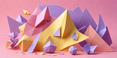 The primary subject of the image is a mountain made of paper. The mountain is composed of various shapes and colors, including yellow, purple, and pink. The setting is a pink background, which adds a vibrant and lively atmosphere to the scene. The visual style of the image is a combination of digital art and illustration, creating a unique and creative representation of the mountain. The colors and mood of the image are lively and energetic, with the bright colors and diverse shapes evoking a sense of