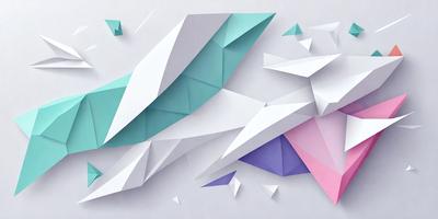 The primary subject of the image is a large, three-dimensional paper sculpture. The sculpture is made up of multiple triangles, creating a visually striking and unique design. The setting is a white wall, which serves as a clean and uncluttered backdrop for the sculpture. The visual style of the image is a combination of digital art and illustration, as the paper sculpture is created using a digital medium. The colors and mood of the image are predominantly white and purple, giving the sculpture