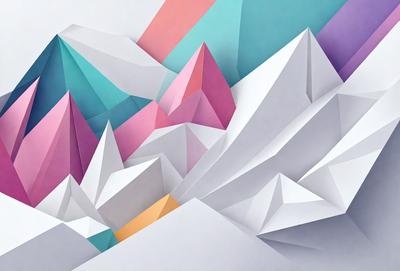 The primary subject of the image is a mountain made of paper. The mountain is colorful and features a variety of colors, including pink, purple, blue, and yellow. The setting is a white background, which contrasts with the vibrant colors of the paper mountain. The visual style is a combination of digital art and illustration, creating a unique and eye-catching design. The overall atmosphere of the image is lively and creative, showcasing the artistic potential of paper.