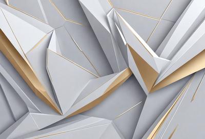 The primary subject of the image is a large, intricate, and geometric design made of gold and white paper. The design is composed of various shapes and angles, creating a visually striking pattern. The setting is a white wall, which serves as a clean and uncluttered backdrop for the paper artwork. The visual style of the image is a combination of digital art and illustration, as the paper artwork is carefully crafted and arranged to create a cohesive and eye-catching design. The colors and mood