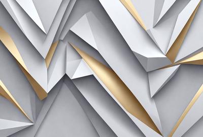 The primary subject of the image is a large, intricate, and textured wall made of various materials. The setting is a room with a white background, and the visual style appears to be a combination of digital art and illustration. The dominant colors in the image are gold and white, creating a warm and elegant atmosphere.