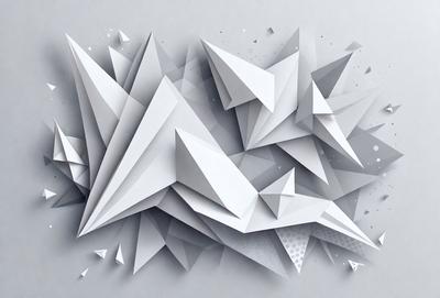 The primary subject of the image is a large, intricate, and detailed design made of white paper. The design features a mix of geometric shapes, including triangles and squares, creating a visually striking pattern. The setting is a gray background, which provides a clean and minimalist appearance to the artwork. The visual style is a combination of digital art and illustration, showcasing the artist's skill in crafting a complex and detailed design. The colors and mood of the image are predominantly neutral, with the white