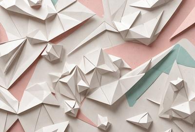 The primary subject of the image is a large collection of white paper cranes. The setting is a white background, and the visual style is a close-up of the paper cranes. The colors and mood of the image are predominantly white, giving it a clean and minimalist appearance.