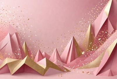 The primary subject of the image is a pink background with a mountain range made of paper. The setting is a pink surface, and the visual style is a combination of photo and digital art. The colors and mood of the image are predominantly pink, creating a warm and inviting atmosphere.