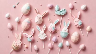 The primary subject of the image is a collection of candy bunnies and eggs. These candy bunnies and eggs are displayed on a pink surface, creating a visually appealing and playful scene. The setting appears to be a creative and imaginative environment, possibly a display or a decoration for a special occasion. The visual style of the image is a combination of digital art and illustration, showcasing the intricate details and colors of the candy bunnies and eggs. The colors and m