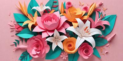 The primary subject of the image is a beautifully crafted paper flower arrangement. The setting is a pink background, which adds a warm and inviting atmosphere to the scene. The visual style is a combination of digital art and illustration, showcasing the intricate details of the paper flowers. The colors are predominantly pink, which gives the arrangement a delicate and feminine appearance. The overall mood of the image is one of creativity and artistry, as the paper flowers are skillfully crafted and arranged to